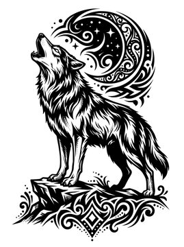 Detailed black and white tribal art tattoo design featuring a wolf howling at a decorative moon