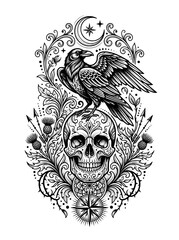 Obraz premium Black and white highly detailed illustration featuring a raven atop an ornate skull surrounded by
