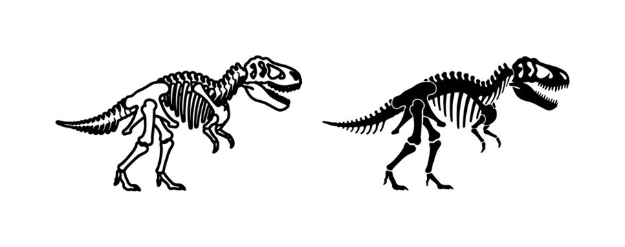 Tyrannosaurus Rex Skeleton Silhouette and Line Art Illustration