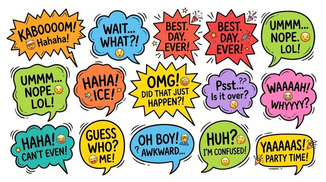 Colorful hand-drawn comic-style speech bubbles and thought clouds expressing various emotions and exclamations with emoji icons.