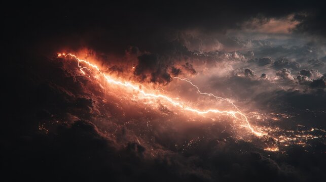 Dramatic Lightning Bolt Illuminates Dark Clouds Over Urban Landscape in a Stunning Stormy Night Sky