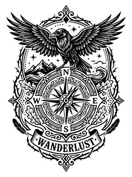 Detailed black and white illustration of an emblem with an eagle perched above a compass rose