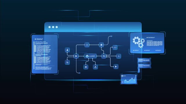 Futuristic AI workflow automation dashboard with data processing flow, data analytics dashboard, and automation system, looped animation