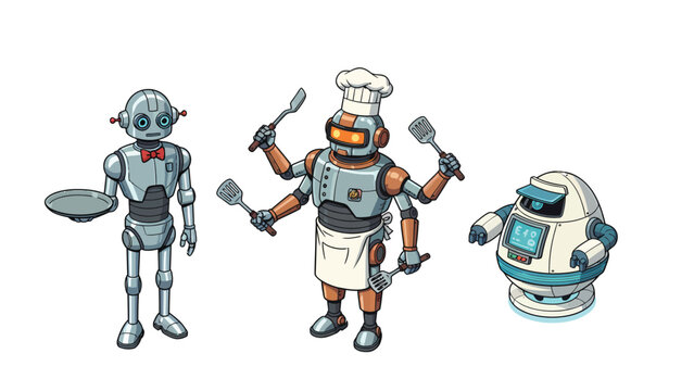 Cartoon Service Robots Collection: Waiter, Multi-Armed Chef, and Assistant Droid Illustrations