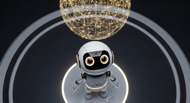 Futuristic robot with glowing orb overhead, representing innovation and artificial intelligence in a modern setting