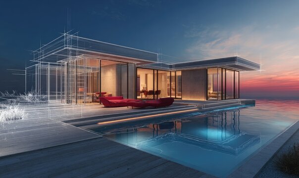Modern architectural villa merging realistic design with digital wireframe sketch