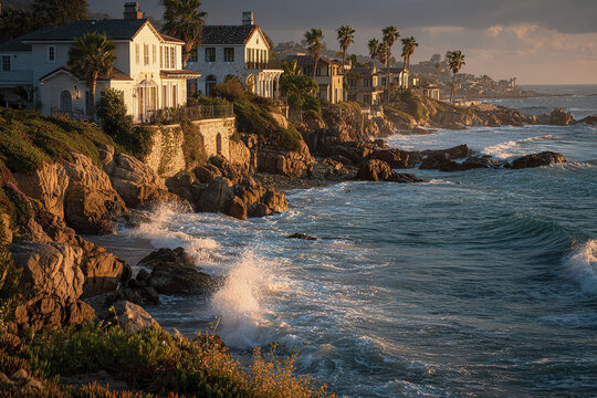 Coastal mansions illuminated by warm sunset light stand above rocky cliffs with crashing waves and palm trees, creating serene and picturesque oceanfront view