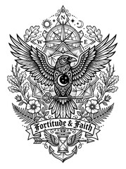 Fototapeta premium Detailed black and white illustration of a raven with spread wings surrounded by compass rose