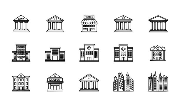 Buildings line icons vector set with bank hotel courthouse hospital museum and skyscraper in minimal outline style isolated on white 