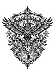 Fototapeta premium Detailed black and white illustration of a raven in flight centered on an ornate crest with tribal