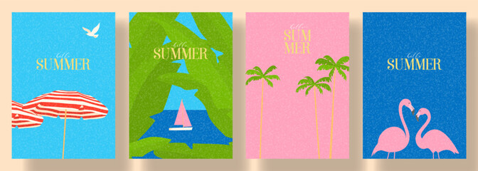 Abstract Minimal Summer Poster Collection. Vibrant flat vector cards with beach umbrellas, palm trees, banana leaves, yacht and pink flamingos on background of blue sky and sea. Summer vacation poster © Yaran