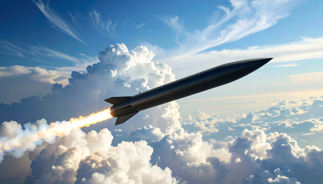 Military Missile Launching into Cloudy Sky with Fiery Exhaust.