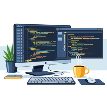 Workplace of a programmer with computer monitor and coffee cup