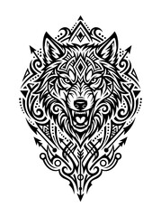 Fototapeta premium Intricate tribal wolf head with ornate black and white patterns symmetric design on a white
