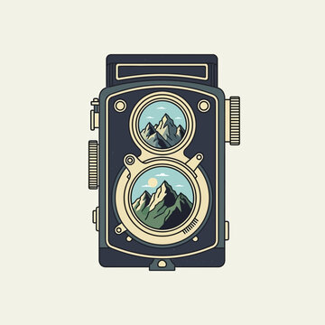 Vintage twin lens reflex camera with mountain landscapes illustration