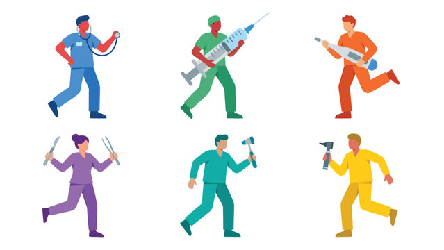 Diverse Medical Professionals Running with Oversized Healthcare Instruments. Emergency & Modern Medicine Concept Illustration Set.