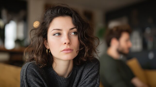 distance in partnership or relationship. depressed or nerved woman sitting in living room with her man partner in blurred behind backgorund. sad partners ignoring each other 