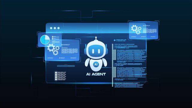 Futuristic AI workflow automation dashboard with ai agent assistant and data analytics dashboard, looped animation
