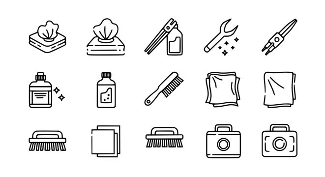 Surface cleaning and maintenance vector icon set featuring disinfectant wipes, spray bottles, scrubbing brushes, microfiber cloths, and utility kits in clean line art.v