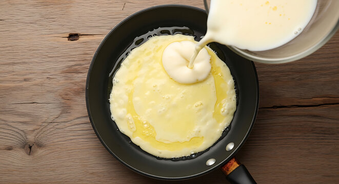 Pouring yellow egg batter into hot black frying pan with oil on wooden table surface close up view for breakfast cooking recipe tutorial showing movement and professional culinary technique focus.