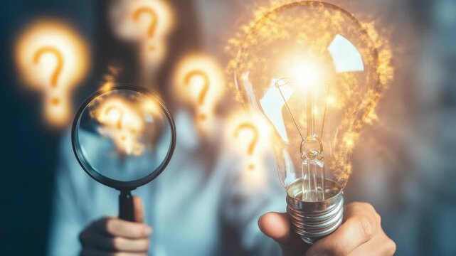 An of a person with a magnifying glass examining a lightbulb filled with questions. This represents an 'Aha!' moment of realization or discovery.
