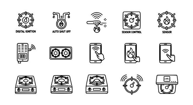 Smart gas stove and home automation vector icon set featuring digital ignition, remote smartphone control, sensor monitoring, and safety shut-off features in line art.