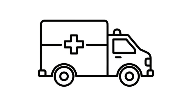 A simple black and white line drawing of an ambulance with a cross emblem