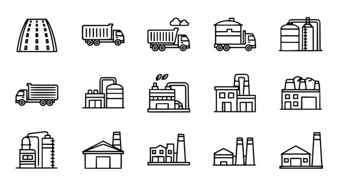 Industrial manufacturing and heavy transport vector icon set featuring factory buildings, production plants, cargo trucks, and storage silos in a clean black and white line art style.