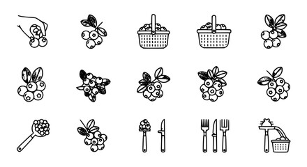 Blueberry harvesting and kitchen tool vector icon set featuring berry clusters, picking baskets, hand-picking actions, and cutlery in a clean black and white line art style. © Sukhi