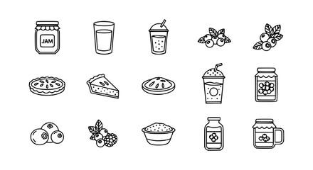 Strawberry and fruit preserves vector icon set featuring jam jars, juice glasses, milkshakes, berry tarts, and fresh fruit clusters in a clean black and white line art style. © Sukhi