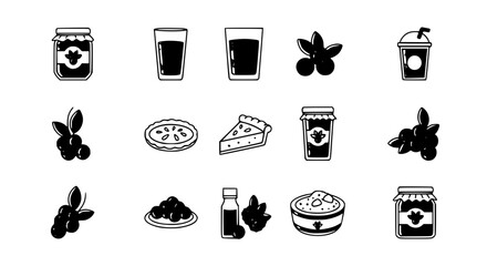 Blueberry and fruit product vector icon set featuring jam jars, juice glasses, smoothies, berry pies, and fresh clusters in a bold black and white graphic style. © Sukhi