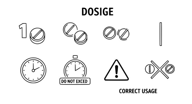 Medication dosage and correct usage instructions vector icon set featuring pills, timers, and warning symbols in clean line art.