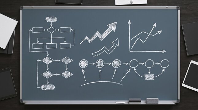 Chalkboard with hand-drawn flowcharts, growth arrows, and process diagrams. Top view of creative workspace with notebooks and tablets. Concept of business planning, strategy, and project management.