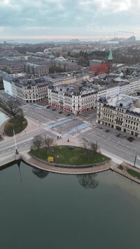 Aerial view of Dronning Louises Bridge and The Lakes in Copenhagen, Denmark