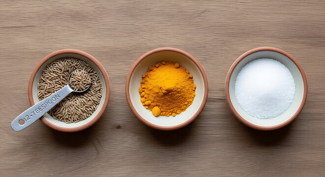Three small ceramic bowls containing whole cumin seeds turmeric powder and sea salt with stainless steel measuring spoon on wooden surface representing essential kitchen spices for Indian cooking.