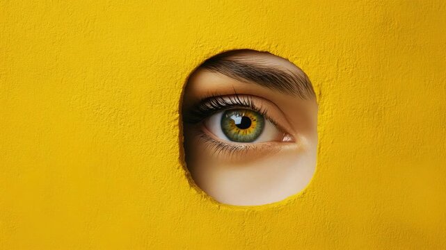 Close-up of person's eye looking through circular hole in window frame