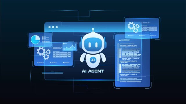 Futuristic AI workflow automation dashboard with ai agent assistant, coding panels and data analytics dashboard, looped animation