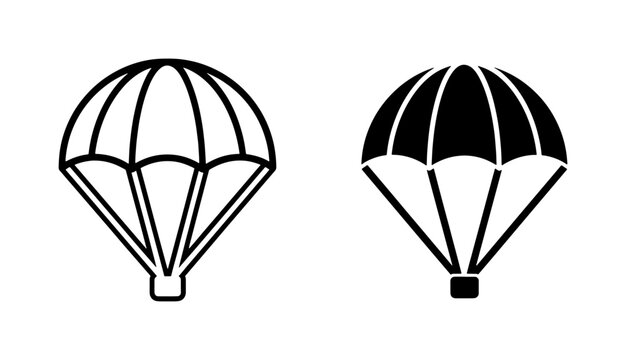Parachute Icons, Skydiving Equipment, Aerial Descent Symbols, Black and White Vector Graphics for Adventure and Safety Concepts