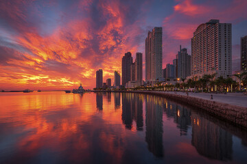 Obraz premium Sunset over waterfront city skyline with tall buildings reflecting on calm water, vibrant orange and purple sky creating dramatic and peaceful urban atmosphere