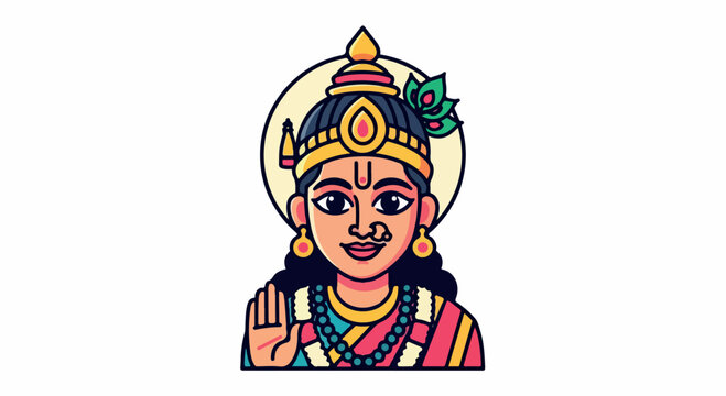 Vibrant illustration depicts a Hindu goddess with a jeweled crown giving a blessing gesture and a gracious smile