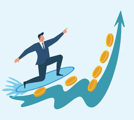 Fototapeta premium Flat vector illustration of a businessman surfing an upward arrow wave with gold coins representing financial success, investment growth, and market boom, Riding the Wave of Financial Success