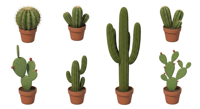 A collection of seven potted cacti of various shapes and sizes, displayed against transparent background, png