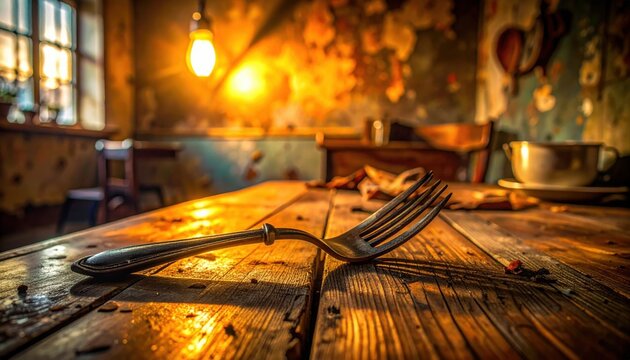 Bent Metal Fork and Knife on Rustic Wooden Table with Warm Evening Light