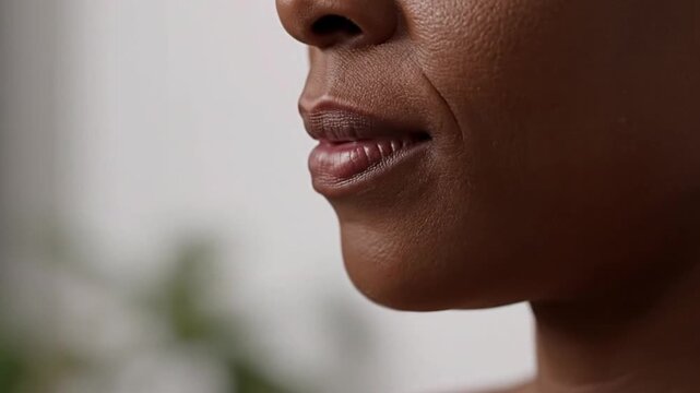 Close-up of African American woman's mouth speaking clearly, ideal for concepts of AI voice technology, virtual assistants, digital communication, speech recognition, and online dialogue.
