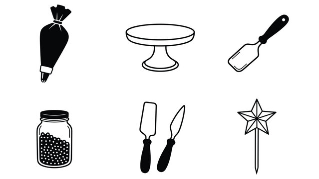 Vector Icons: Baking & Cake Decorating Tools. Piping Bag, Cake Stand, Spatulas, Sprinkles, Magic Wand. Confectionery Supplies.