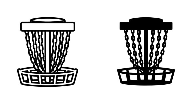 Disc Golf Baskets, Two Vector Icons, Outline and Silhouette, Sports Equipment, Outdoor Game