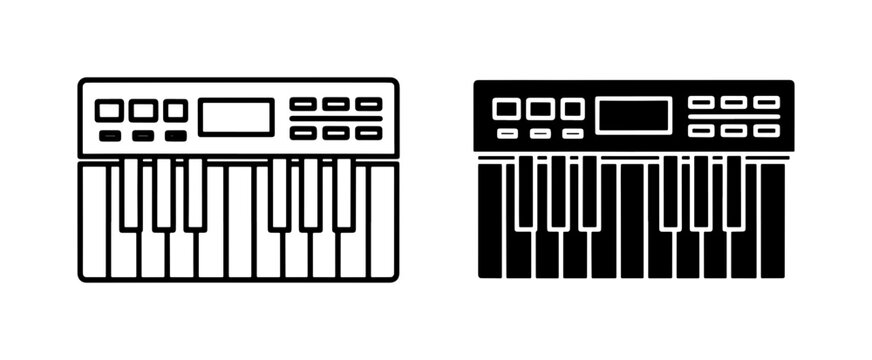 Synthesizer keyboard icons, electronic music instrument, digital piano, MIDI controller, vector graphic set