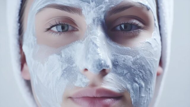 A woman's face covered in mud for a facial treatment, looking contemplative.