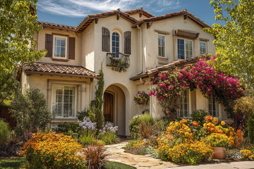 Fototapeta premium Two story home with vibrant landscaping and colorful flowers in peak summer daylight under partly cloudy sky, featuring Mediterranean style architecture and lush greenery