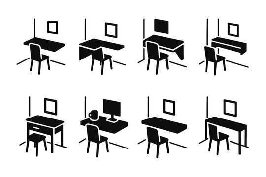 Floating Desk Icons. Floating desks in minimalist rooms. Filled icon set of floating desks in minimalist rooms